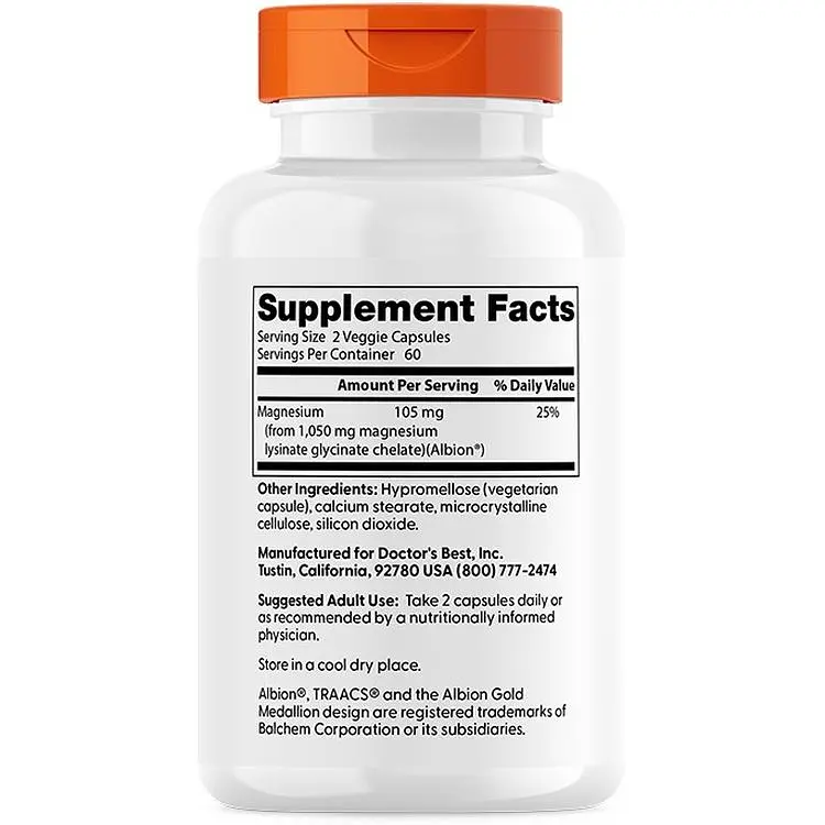 Магний 100% хелатный лизинат-глицинат Doctor's Best High Absorption Magnesium Lysinate Glycinate 100% Chelated 105 мг 120 капсул (DRB-00565) - фото 2