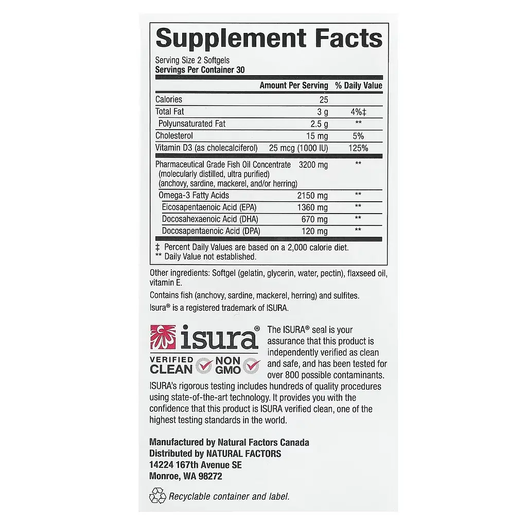 Омега-3 ультра Natural Factors RxOmega-3 Ultra Strength with Vitamin D3, 2150 мг 60 гелевых капсул - фото 3