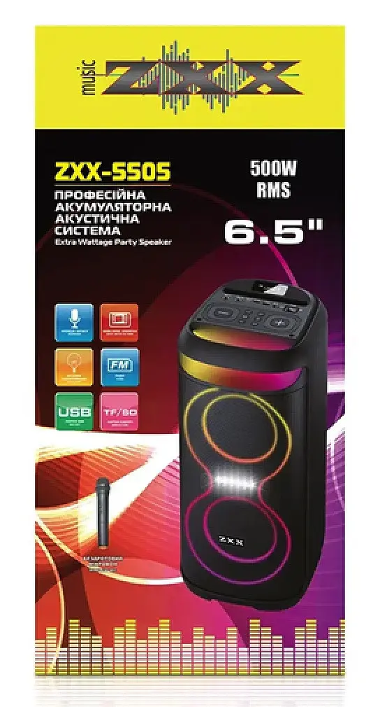 Портативная колонка ZPX ZXX-5505 с микрофоном Акустическая система 40Вт 6,5" RGB подсветка Черный - фото 6