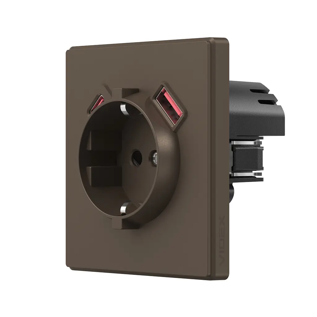 Розетка одинарна із заземленням USB-A+C 20W мокко VIDEX NOTA (VF-NT-SK1GUC-BR) VIDEX (28885-000)
