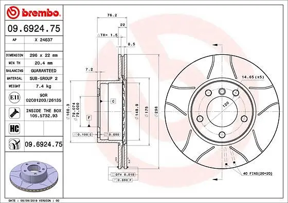 Диск гальмівний вентильований Bmw 5 95-04р Brembo (09.6924.75) - фото 2