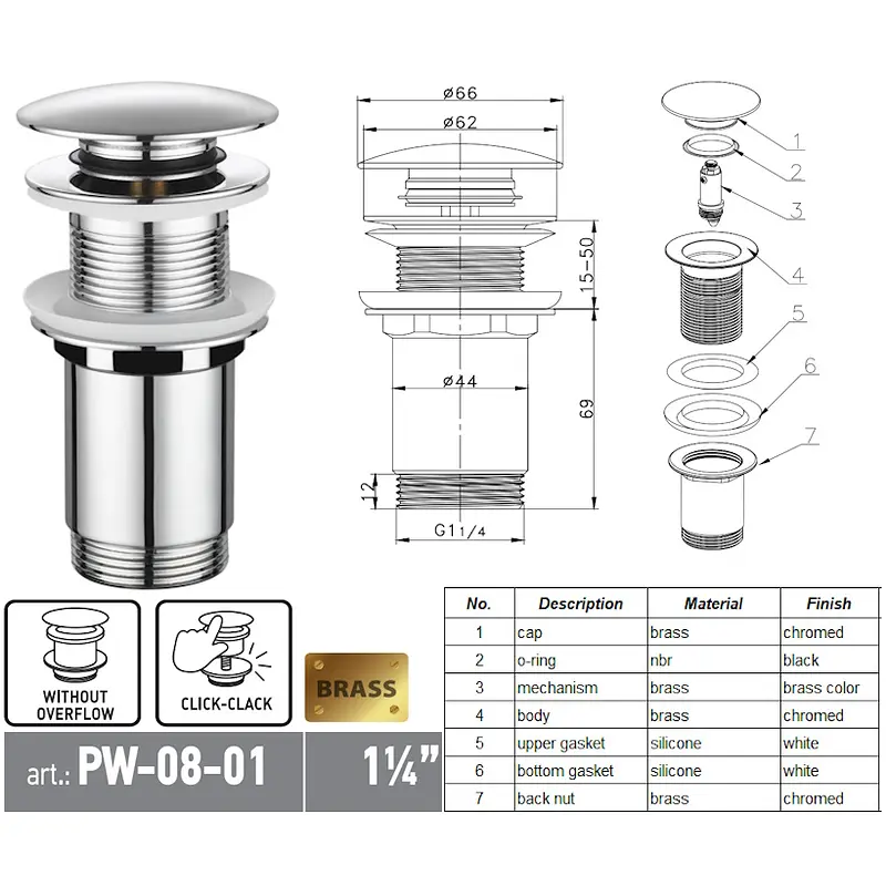 Донний клапан для раковини Koer PW-08-01 без переливу автоматичний Click-Clack 1 1/4″ Хром KR5786 - фото 10
