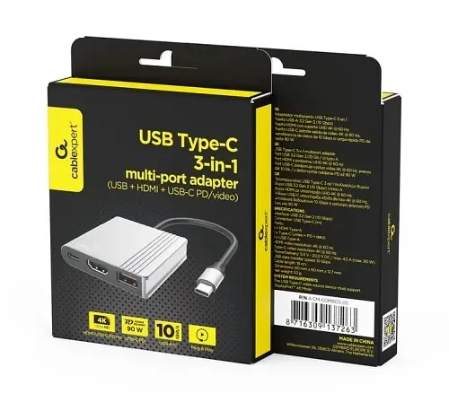Хаб USB A-CM-COMBO3-05, Grey, Type-C 3.2 - 1xType-C 3.2 (90 Вт) / USB 3.2 / HDMI 4K 60 Гц Gembird teh0027597 - фото 5