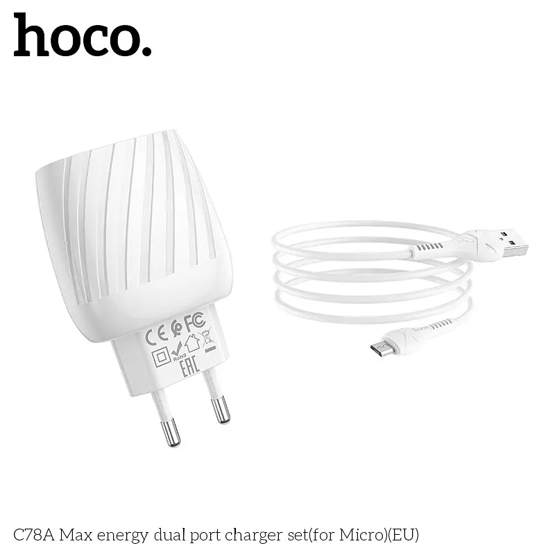 Блок мережевий адаптер живлення HOCO C78A Max energy набір із кабелем Micro USB білий - фото 2