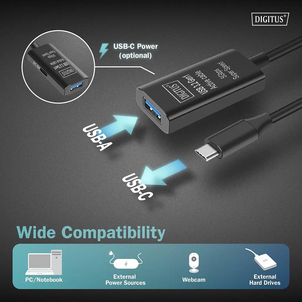 Digitus Подовжувач USB 3.2 Gen1 Active Cable 5G, C/M-A/F, 5м, чорний - фото 5