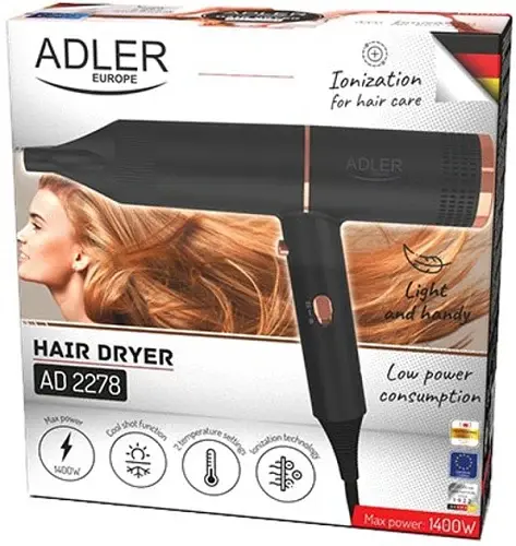 Фен Adler AD-2278, Black, 1400W, 2 швидкості, 2 режими, іонізація, концентратор захист від перегріву - фото 9