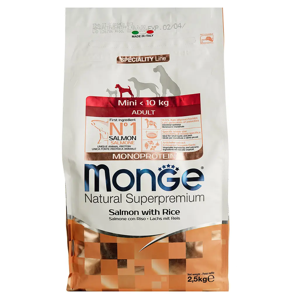 Сухий корм Monge Dog Mini Adult, для дорослих собак маленьких порід, лосось з рисом, 2,5 кг - фото 2