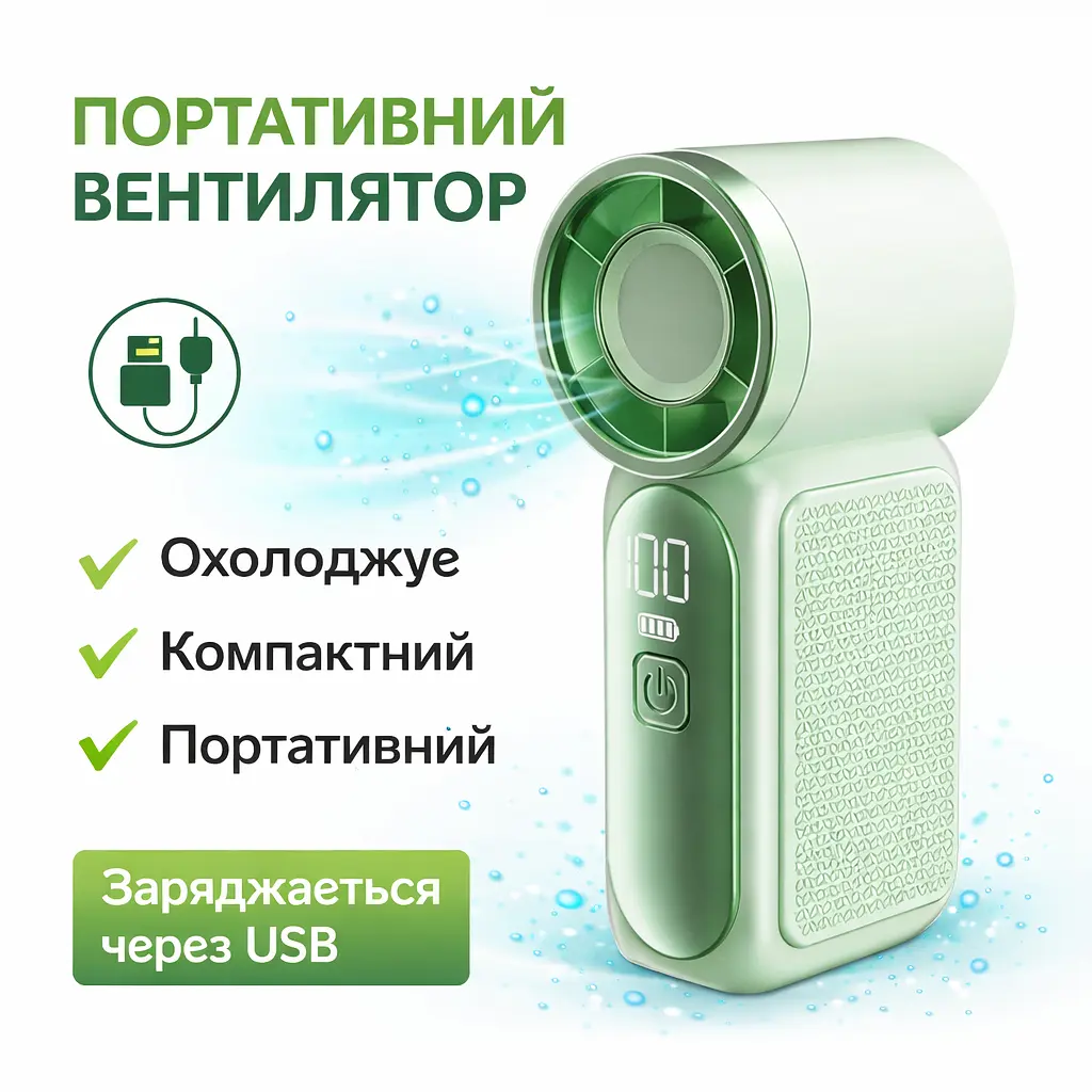Міні-вентилятор акумуляторний портативний, потужний, тихий, з цифровим індикатором заряду - фото 3