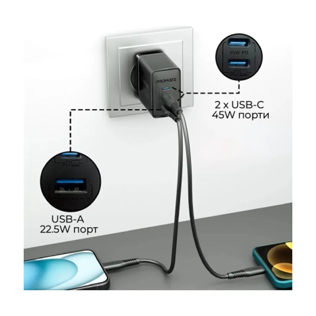 Зарядний пристрій Promate powerport-45 2xUSB-C PD + USB-A QC 45W Black (powerport-45.black) - фото 2