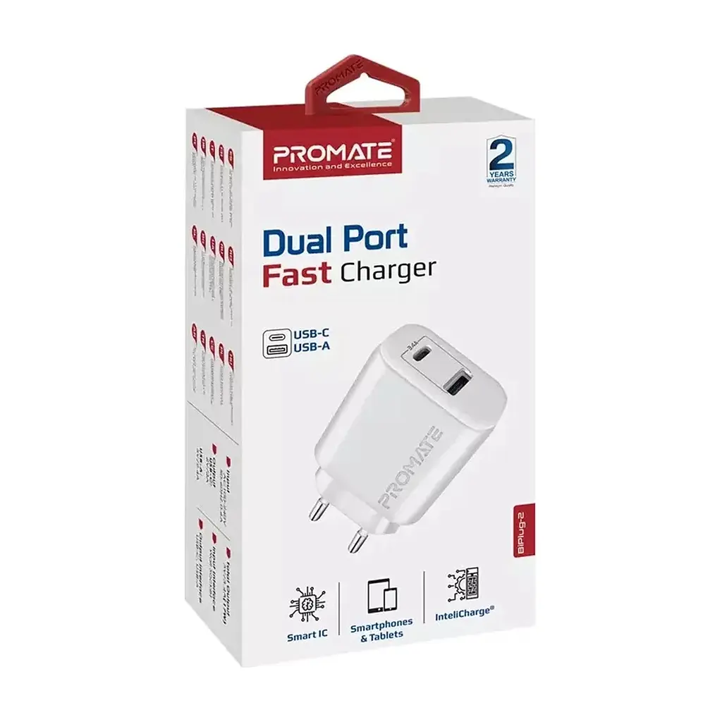 Зарядний пристрій Promate 17W USB-C + USB-A (biplug-2.white) - фото 2