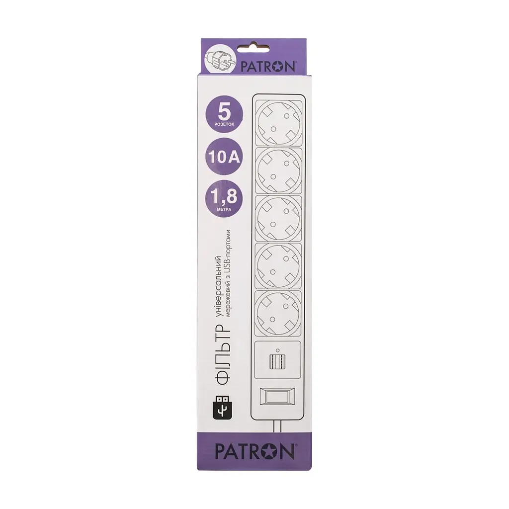 Мережевий фільтр живлення Patron 1.8m + 2 USB 2.0, 2.1A, 5 роз. White (EXT-PN-SP-52-USB-W) - фото 2