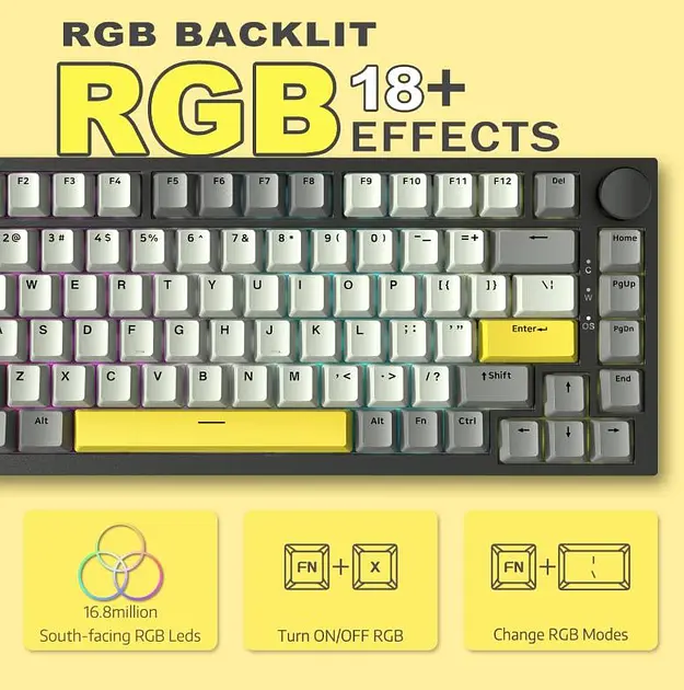 Игровая механическая клавиатура Ajazz Ak820 / Проводное подключение / Moon Yellow Switch / Grey - фото 6