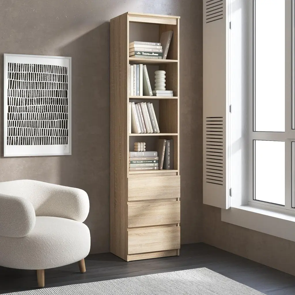 Пенал для книг Vays R-25, з відкритими полицями та шухлядами, без ручок, ЛДСП, 50×40×211 см - для вітальні, спальні, офісу - фото 2