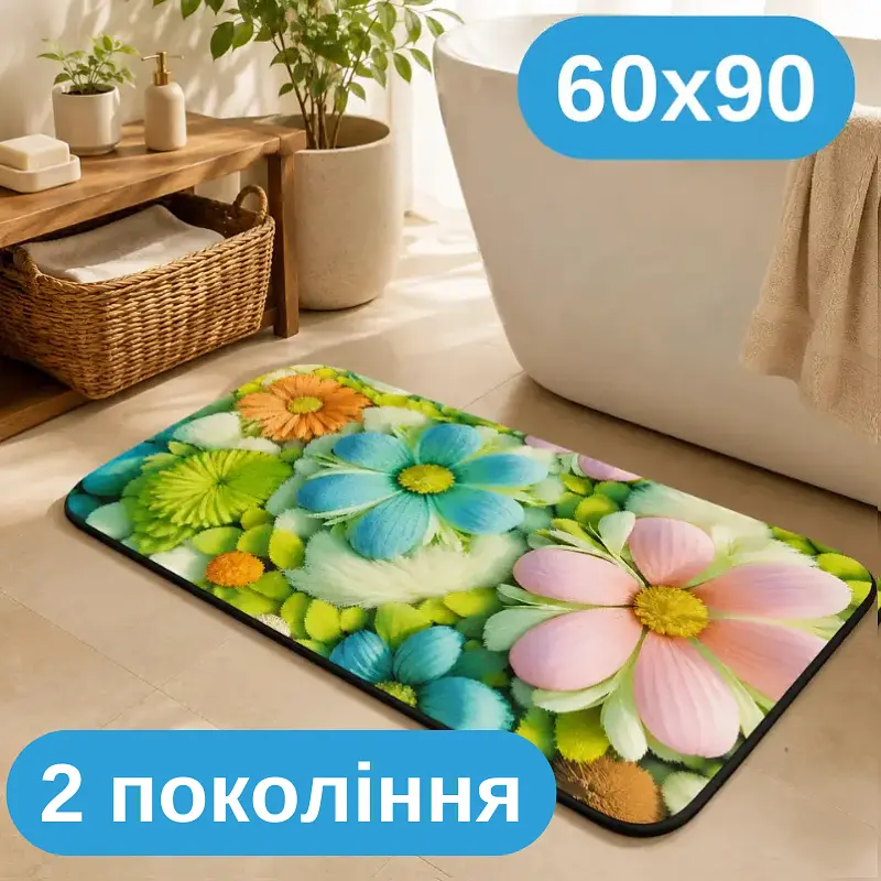Килимок у ванну 60×90 см — вологопоглинальний із матеріалу другого покоління, абсорбувальний антиковзний, квітки KT9000337 - фото 2