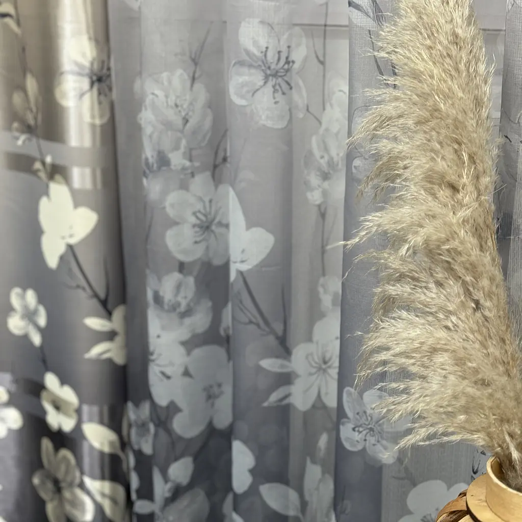 Атласні штори з квітами сірого кольору 150х270 з батистовим тюлем 400х270 ALBO pbe0052612 - фото 7