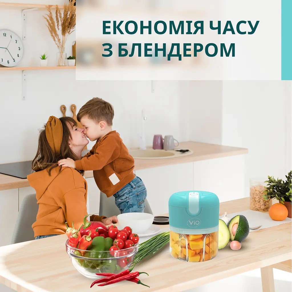 Акумуляторний USB подрібнювач продуктів ViO K02, 250 мл, бірюзовий, 30W - фото 2