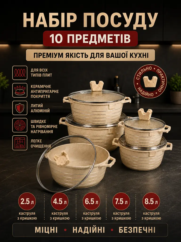 Набір каструль з литого алюмінію 10 предметів з керамічним антипригарним покриттям для всіх типів плит Бежевий (37261994) - фото 2