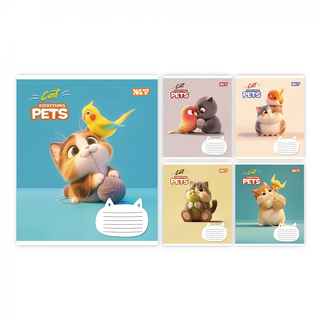 Набір учнівських зошитів Yes «Cat and pets» 12 арк., у клітинку, 25 шт. 768700 в асортименті