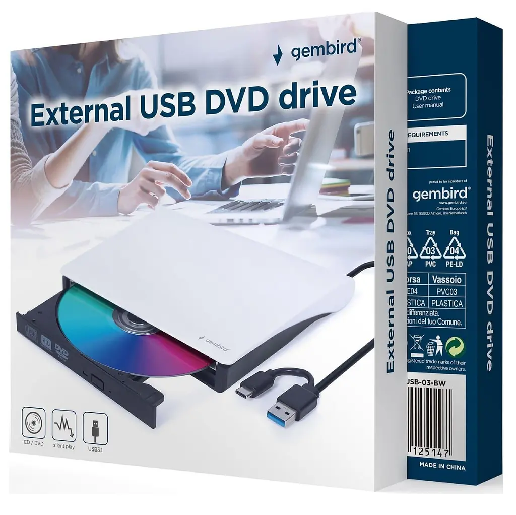 Оптичний привід Gembird Gembird, White, DVD+/-RW, USB 3.1 / Type-C (DVD-USB-03-BW) - фото 2