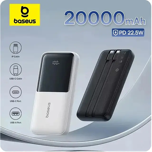 Зовнішній акумулятор Baseus Lipow 20000mAh 22.5W із 2 вбудованими кабелями USB-C + iPhone (PPJP312) - фото 8