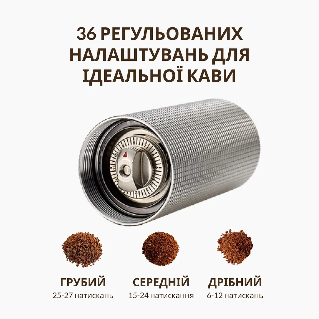 Кавомолка ручна ViO CM-02H зі сталевими жорнами та регулюванням ступеня помелу, срібляста - фото 3