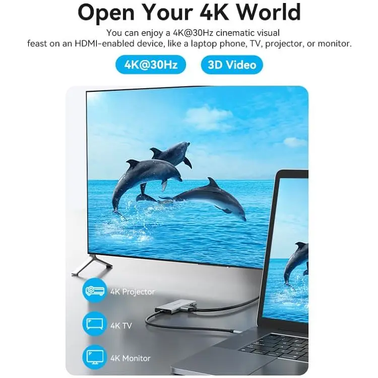 Док-станція USB3.1 Type-C - HDMI/USB 3.0x3/SD/TF/PD 100W 7-in-1 Vention (TOPHB) - фото 4