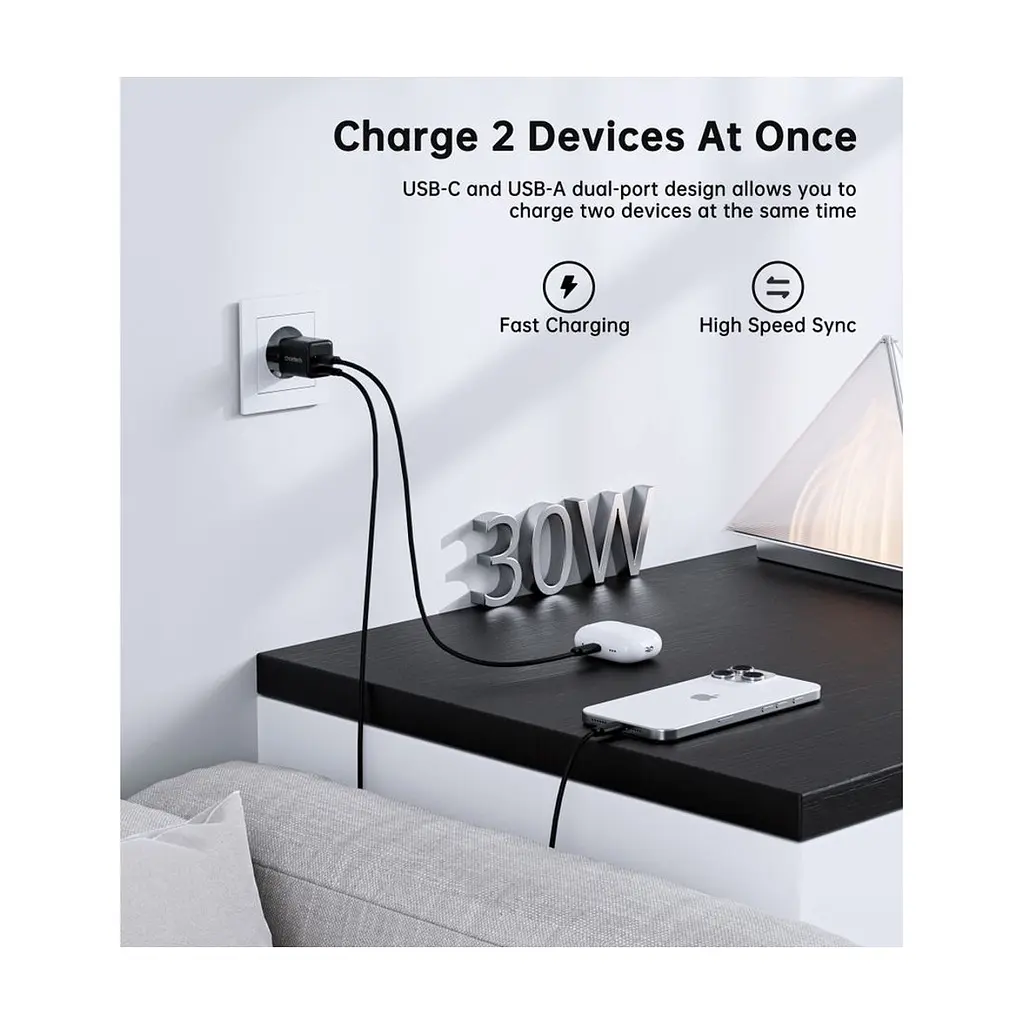 Зарядное устройство для Choetech 1xUSB-C PD30W PPS + 1xUSB QC3.0 (PD5012-EU-BK) - фото 10