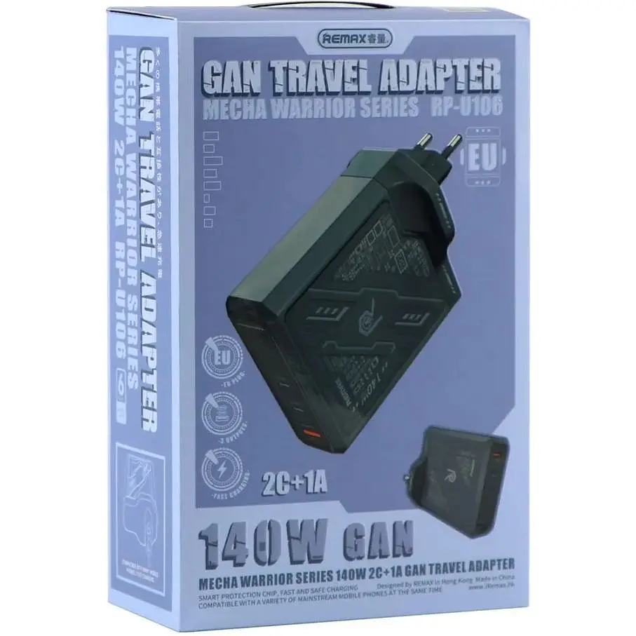 Зарядний пристрій Remax RP-U106 Mecha Warrior GaN 140W 2C/1A MacBook Pro PD 3.1 Lenovo IdeaPad 14pro Grey - фото 2