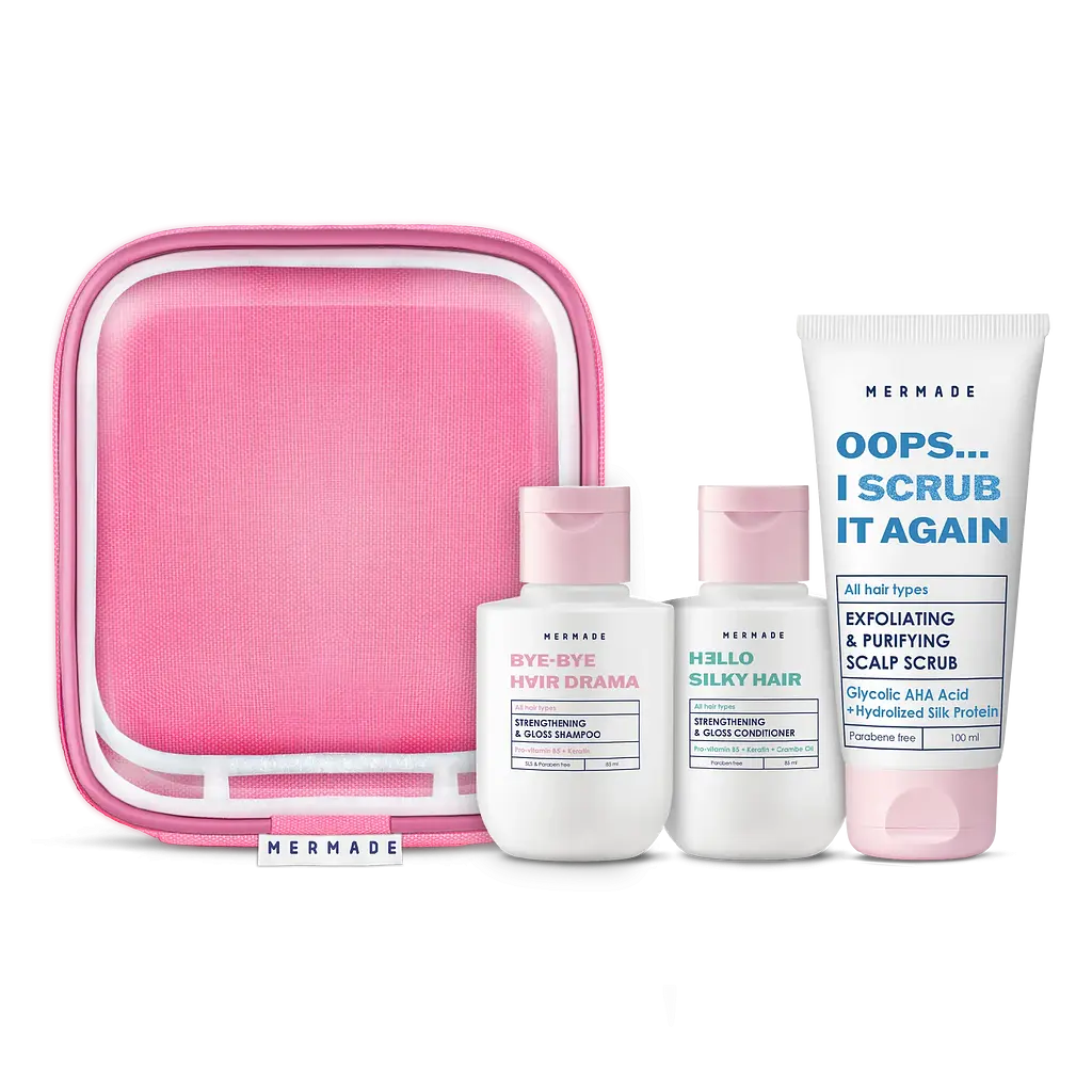 Подарочный набор Mermade Try Kit Hair Care: шампунь для укрепления и сияния волос Bye-bye Hair Drama 85 мл + кондиционер для укрепления и сияния волос Hello Silky Hair 85 мл + скраб-пилинг для кожи головы O... I Scrub It Again 10 + косметичка  - фото 2
