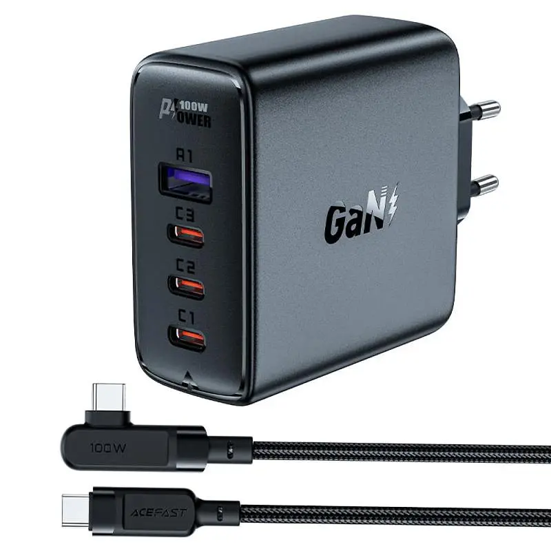 МЗП A37 PD100W+QC3.0 GaN (1USB-A/3C) + кабель Type-C to Type-C 2m Black Acefast teh0029676