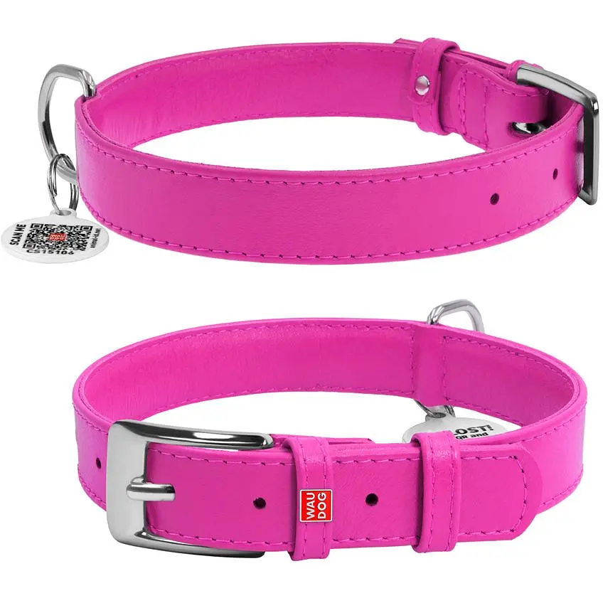 Ошейник для собак Waudog Glamour, кожаный, с QR паспортом, 30-39х2 см, розовый - фото 3