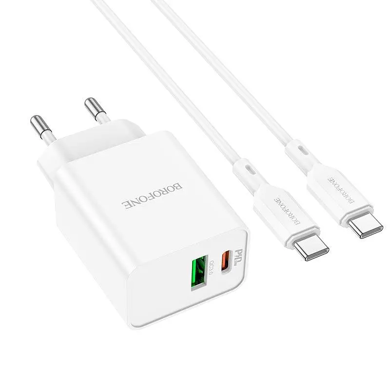 Адаптер мережевий Borofone Resource charger BA69A + кабель Type-C to Type-C 20W набір білий - фото 8