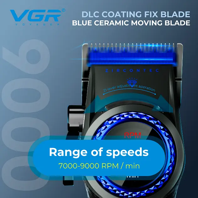 Машинка для стрижки VGR V-001 LED 4600 mAh 10 насадок Blue (2747658218) - фото 6
