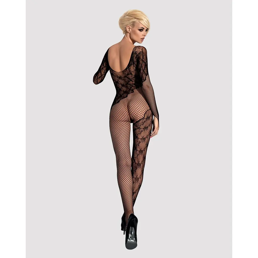 Бодістокінг Obsessive Bodystocking F210 S/M/L Black, рукава-мітенки, сітка, кольорове мереживо - фото 4