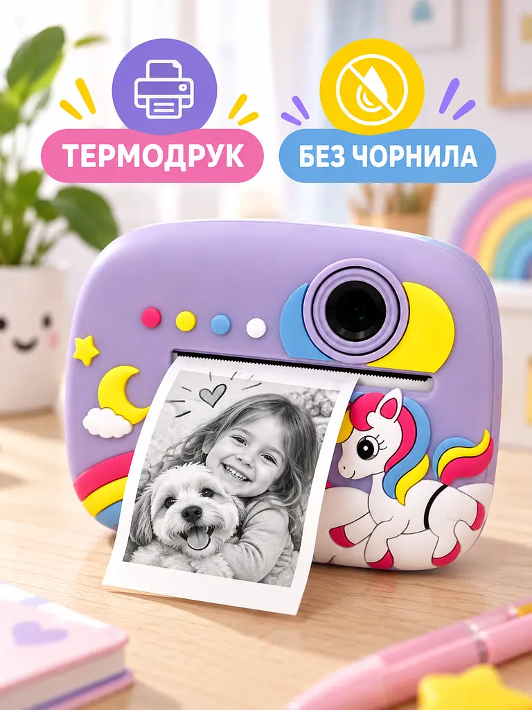 Фотоапарат миттєвого друку дитячий Єдиноріг Full HD акумуляторний з відео та термопапером 2, 4" 12 мП, фіолетовий (5068766629) - фото 5