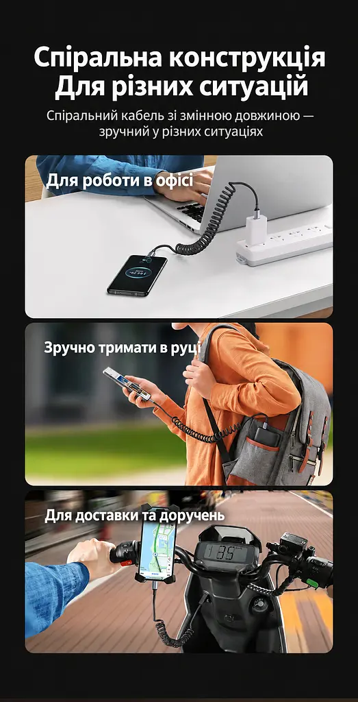 Кабель спіральний UGREEN L507 USB-C - USB-C PD 100 Вт 0,35-1,2 м чорний (35457) - фото 13
