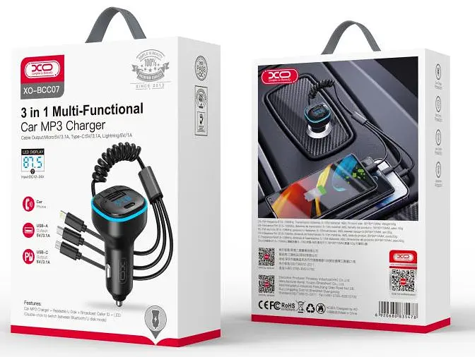 Автомобільний зарядний пристрій XO BCC07 USB-A/USB-C 3.1A FM ​​Transmitter with Lightning/MicroUSB/Type-C cable Чорний - фото 2