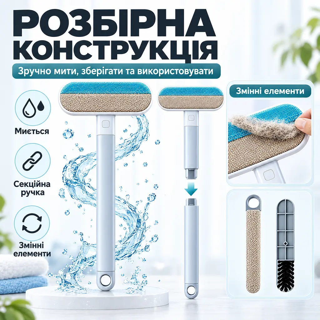 Щітка 4 в 1 для видалення шерсті тварин, чищення меблів, килимів, одягу та вікон з довгою ручкою 59 см-KT9004202 - фото 4