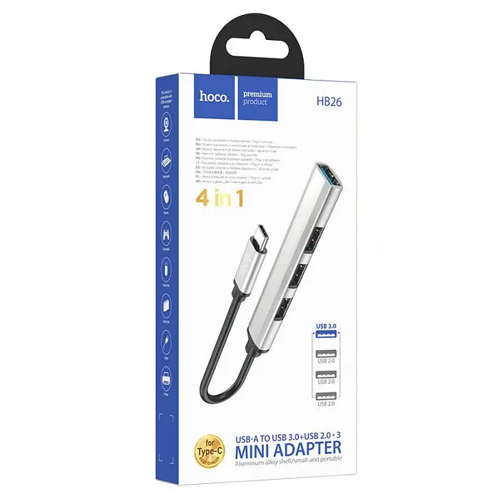 USB хаб HOCO HB26, адаптер Type C на USB з розширенням портів та підтримкою OTG, сірий - фото 3