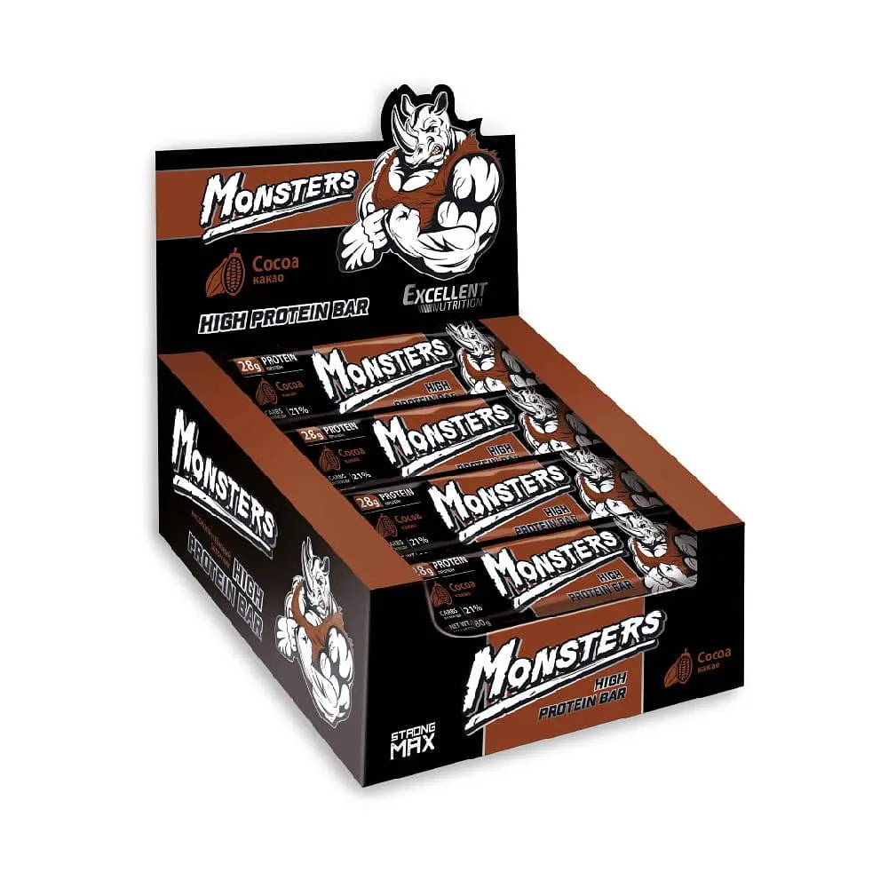 Протеїнові батончики Monsters Strong Max - 80г x 20шт Какао