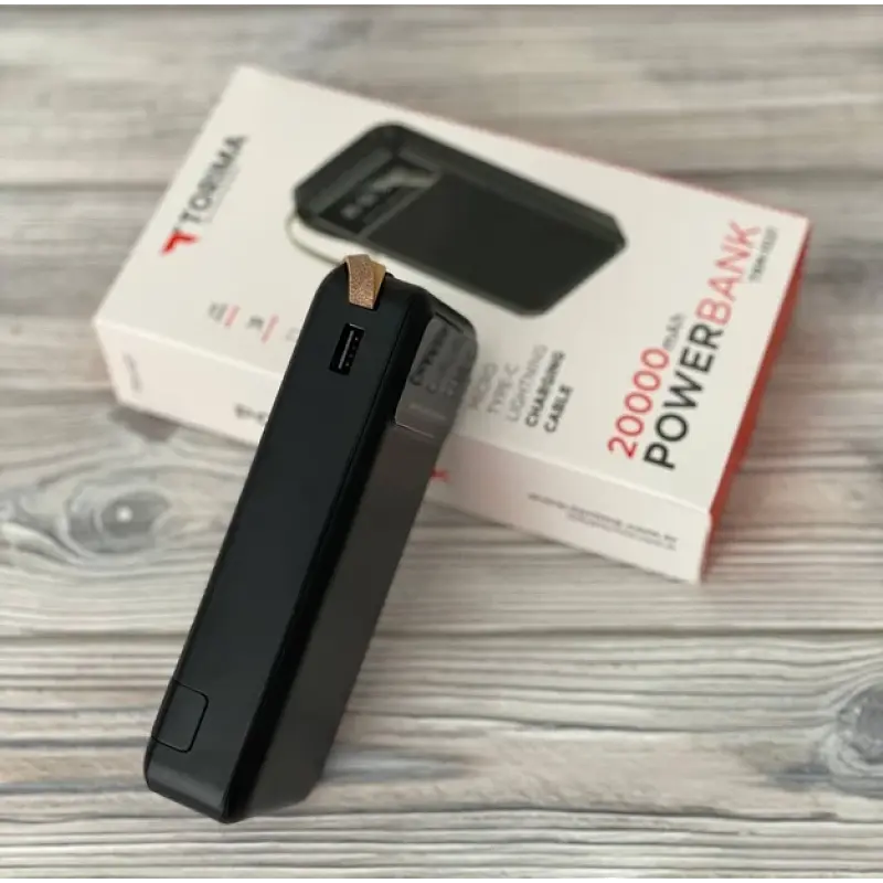 Павербанк з LED-дисплеєм та 4 вбудованими кабелями Micro-USB/Type-C/Lightning/USB TORIMA TRM-1021 20000 мАг Power bank для гаджетів Зовнішній акумулятор з ліхтарем та індикатором заряду Чорний - фото 7