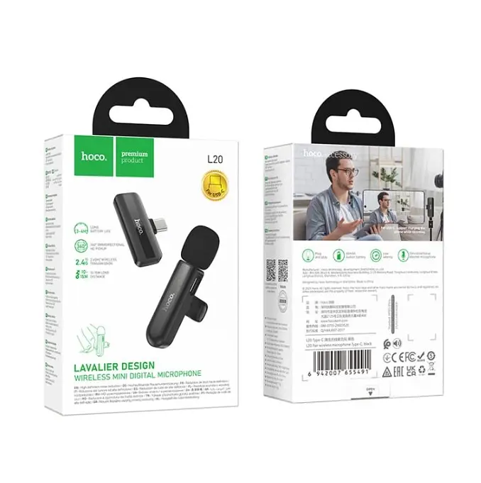 Мікрофон-петличка Hoco L20 Fair wireless microphone Type-C Black - фото 2
