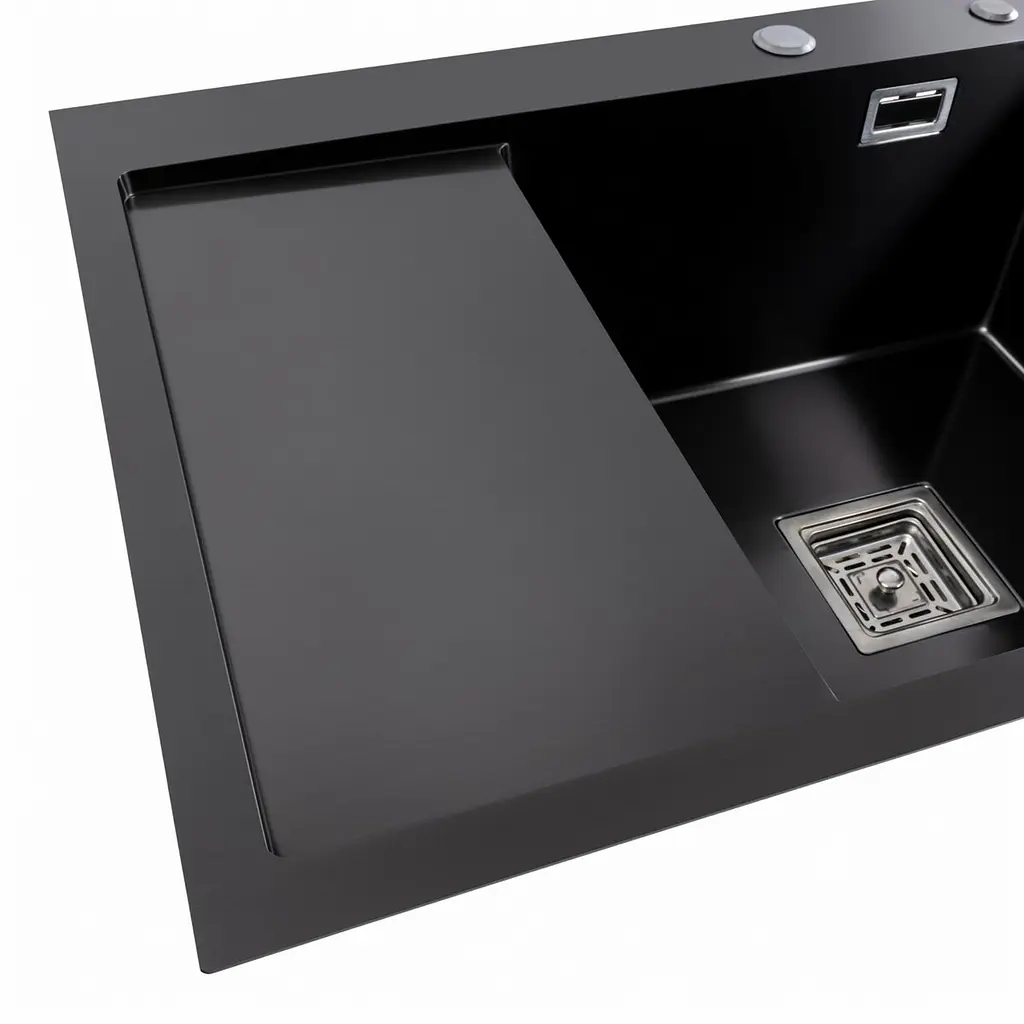 Кухонная мойка черная Platinum PVD Handmade 65x50 R(квадратный сифон 3,0/1), Черный - фото 4