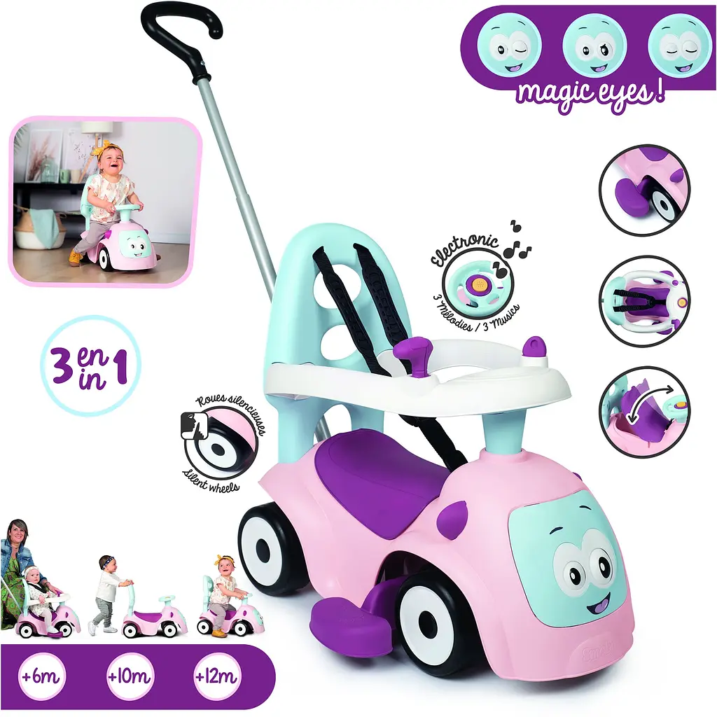 Машина для катання малюка Smoby Toys Маестро 3 в 1 зі звуковим ефектами рожева (720305) - фото 5