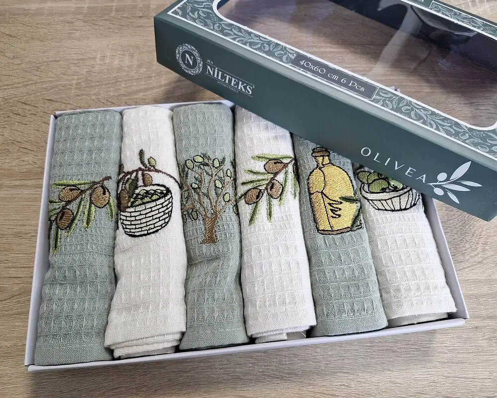 Набір рушників для кухні Nilteks 6 штук 40х60 вафельні з вишивкою Olive - фото 5