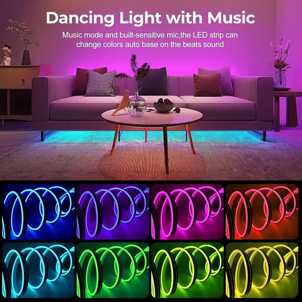 LUXONIC 16.4FT 5M Неонова світлодіодна стрічка, RGB світлодіодна стрічка, Bluetooth Гнучкий силіконовий неон з APP/пилемним - фото 3