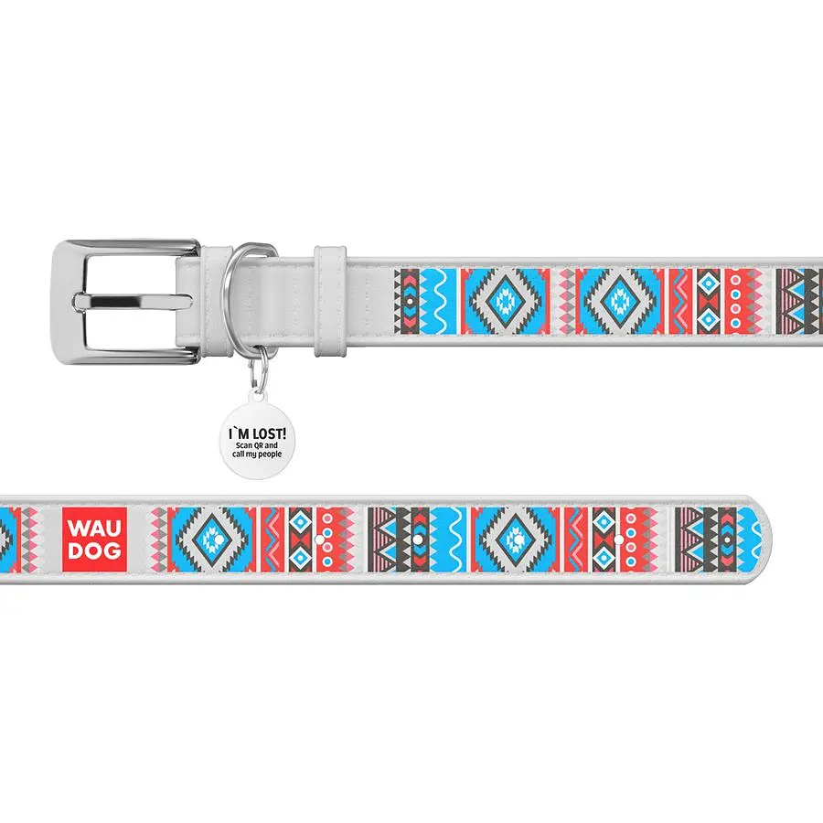 Нашийник для собак Waudog Design Етно, шкіряний, з QR паспортом, 21-29х1,2 см, білий - фото 2