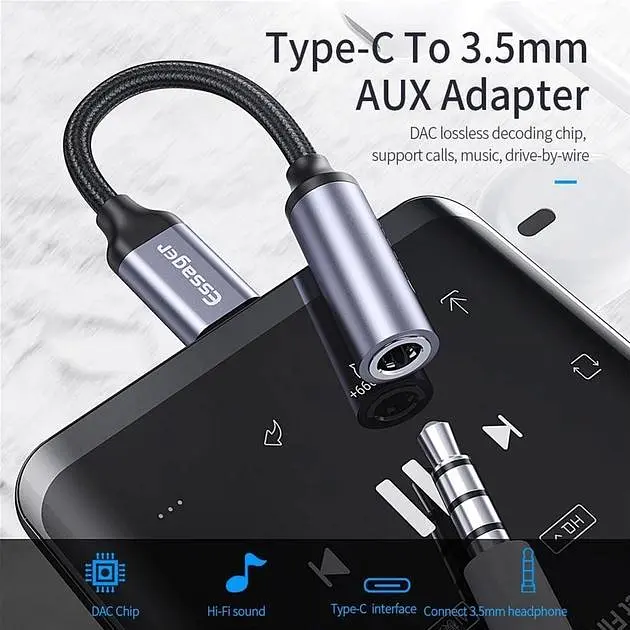 Адаптер Essager USB Type C 3,5 Jack/USB C 3,5 мм AUX для навушників (EZJE01-0G) - фото 2