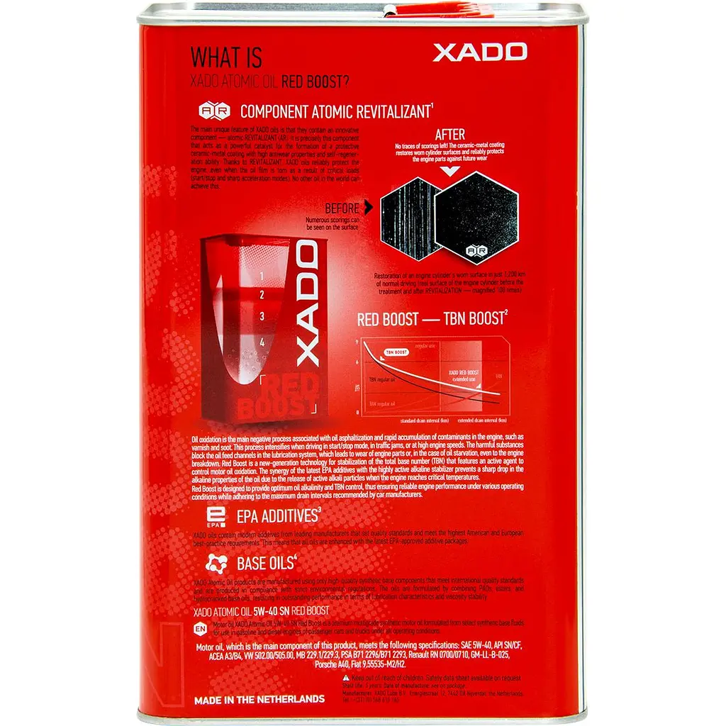 Моторное масло XADO 5W-40 SN Red Boost синтетическое 4 л - фото 3