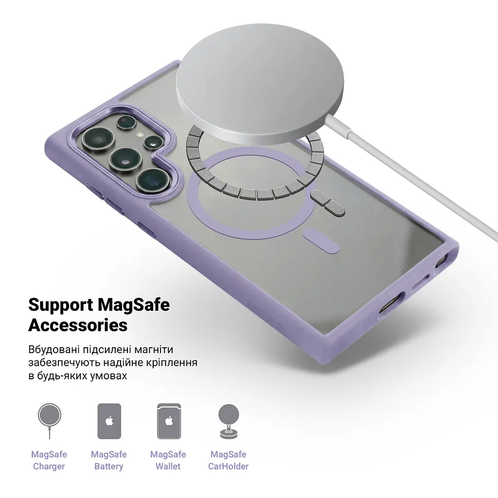 Чехол Samsung Galaxy S24 Ultra 5G (SM-S928), Unit MagSafe, фиолетовый, прозрачный, магсейф, противоударный, магнитный, панель-накладка с поддержкой MagSafe, с поддержкой беспроводной зарядки, TPU+PC, защита всего корпуса, ударопрочный - фото 4